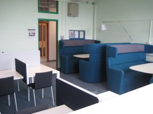 blue sofas and tables and chairs