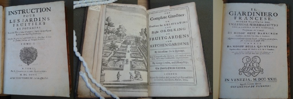 Title pages (from left to right, Instruction pour les jardins 1697, The complete gard'ner 1704, Il giardiniero francese, 1723)