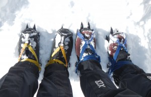 Soft shell trousers, gaiters and mountaineering boots with crampons