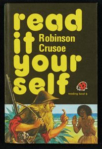 A brown book cover with yellow writing, depicting Robinson Crusoe and Man Friday.