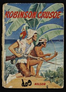 A book cover showing an island and the sea, with Robinson Crusoe and Man Friday sat together.