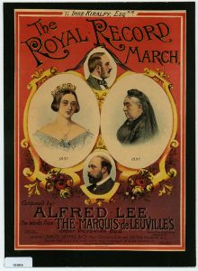 A red poster, showing two oval images of a young woman, and an older woman. Two smaller ovals above and below them show a younger and older man.
