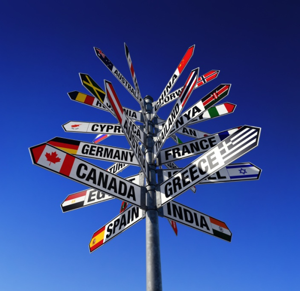 A signpost on a blue sky background, with arrows indicating different countries