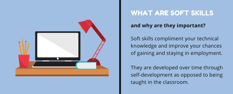 text reads "what are soft skills and why are they important? soft skills compliment your technical knowledge and improve your chances of gaining and staying in employment. They are developed over time through self-development as opposed to being taught in the classroom"
