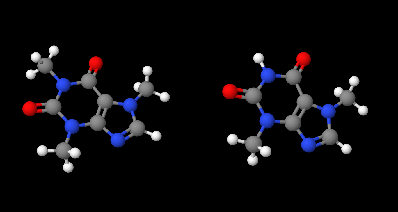 Ball and stick models of the caffeine and theobromine molecules.