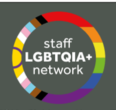 The new logo with the dark grey background for the LGBTQIA+ Staff Network at the University of Reading. It features the progress pride flag and intersex symbol in the shape of a ring around text that reads 'Staff LGBTQIA+ Network'