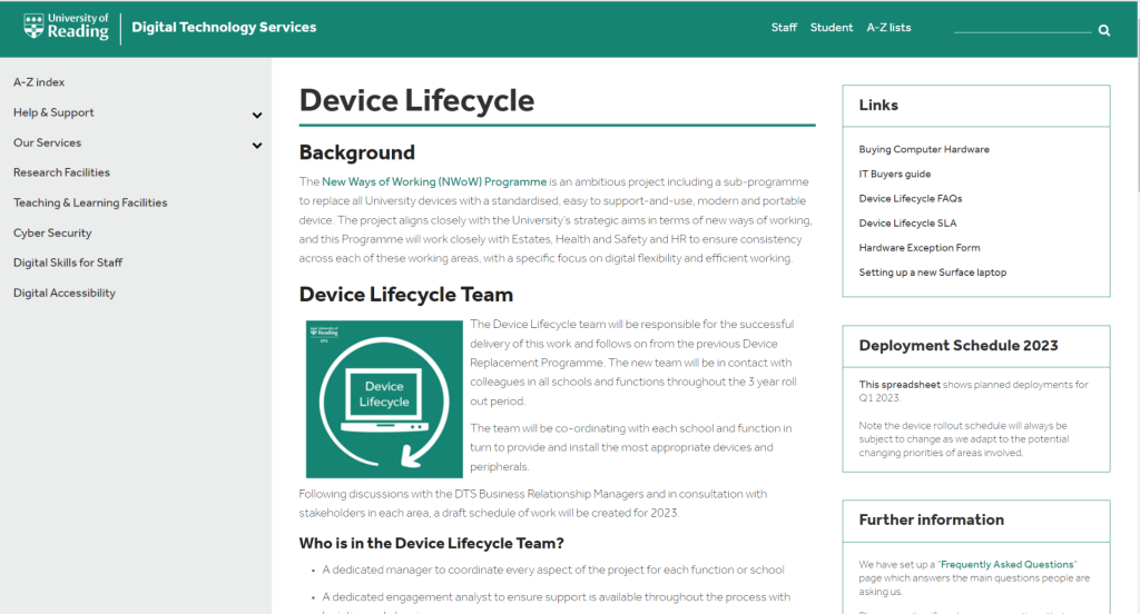 Screenshot of the DTS device lifecycle homepage