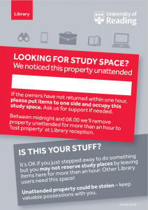 Library's 'Looking for study space?' card in red and grey