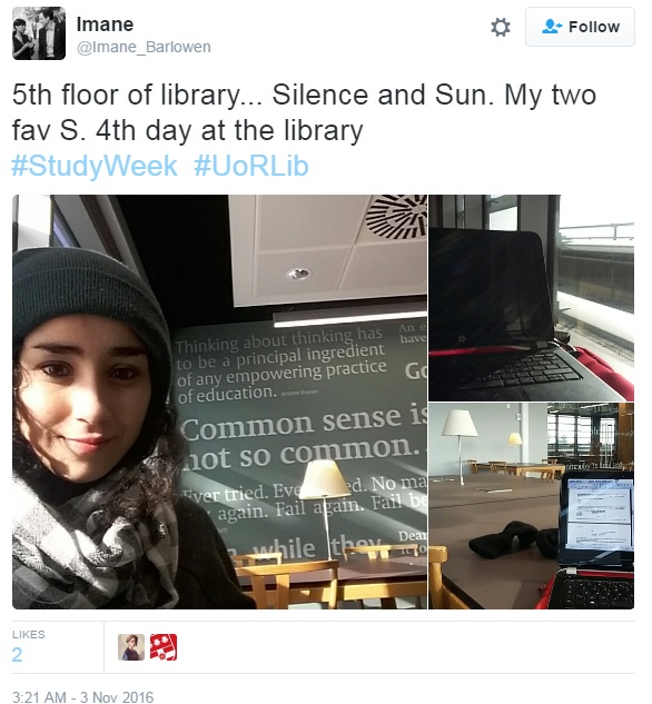 Twitter post showing girl in woolly hat in Library 5th Floor reading room 