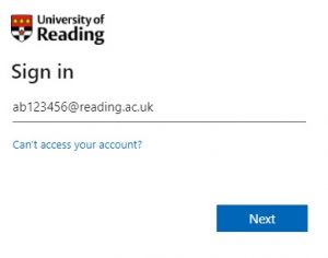 University of Reading sign in screen