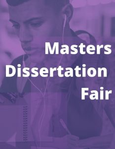 Image shows a student studying, all in purple colours, with the text Masters Dissertation Fair on top.