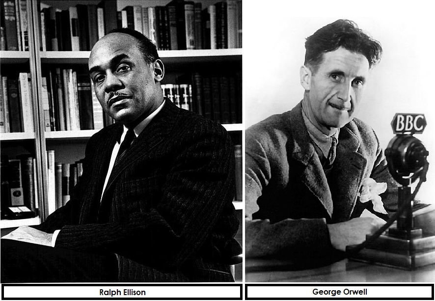 On the left, Ralph Ellison, a black man seated in front of a row of bookshelves. He wears a suit and tie and has a thin pencil moustache with a pronounced gap under the nose. On the right, George Orwell, a white man in a coat and jumper, seated in front of a BBC microphone; he has a thin moustache running right along his upper lip.