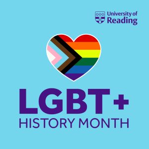 University of Reading LGBT+ icon and text; purple text on a bright blue background with a heartshaped rainbow