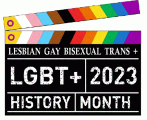 LGBT+2023 logo made up of the rainbow colours with white text on a black clapper board.