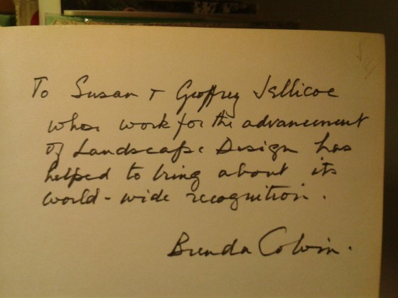 Colvin inscription to the Jellicoe's, in the front cover of a 2nd edition of her Land and Landscape.
