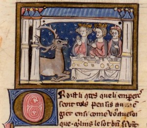  Merlin transformed as a stag at the court of Julius Cesar, Paris, BNF fr. 749, f. 260 (c. 1300) 