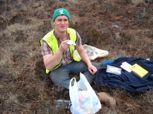 Phil having a well-earned break (Club Orange just out of shot). Lots of calories are required when working on a peat bog.