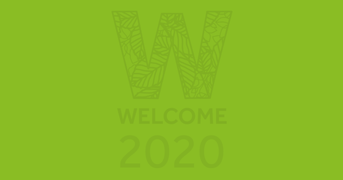 background colour bright green, logo 'W' Welcome 2020.
