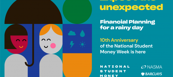 Teal background. Characters made from shapes. Two characters under an umbrella, happy. Weather graphic symbols can be seen in shapes that are next to the characters. text: Expect the unexpected. Financial planning for a rainy day.