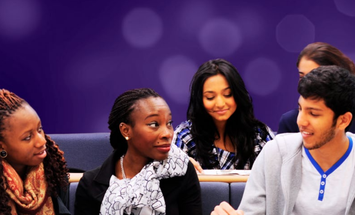 Purple background. BAME students talking and smiling.