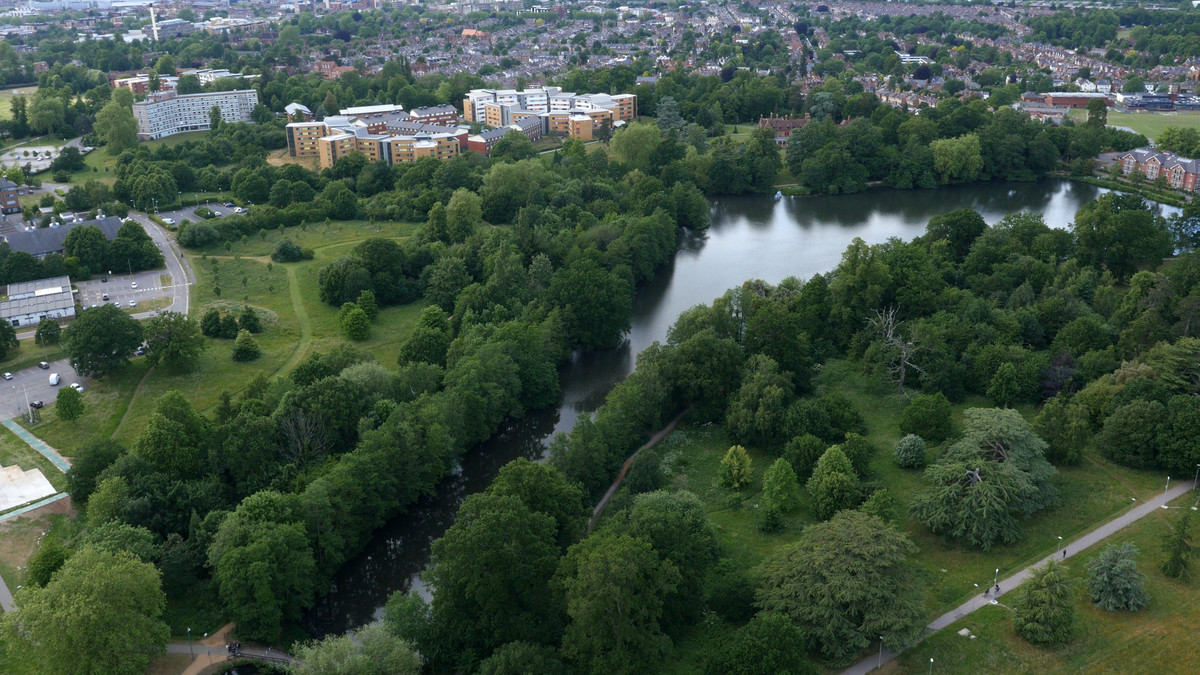 Image shows an aerial view of the UoR lake