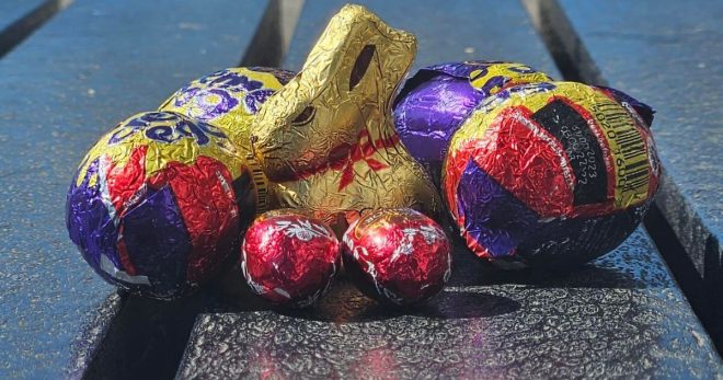 a mini chocolate bunny surrounded by chocolate eggs